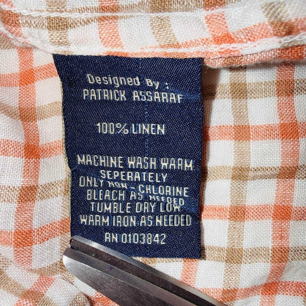 Toscano Patrick Assaraf Men's M Linen Shirt Orange Plaid Gingham Long Sleeve - Picture 3 of 7